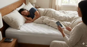 Illustration of a smart heated mattress pad with dual-zone temperature controls for personalized, energy-saving comfort.