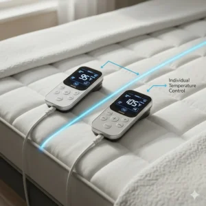 Diagram of a dual-zone heated mattress pad allowing separate temperature settings for two sleepers.