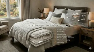 Digital interface overlay showing dual-zone temperature controls for independent heat settings on a mattress pad.