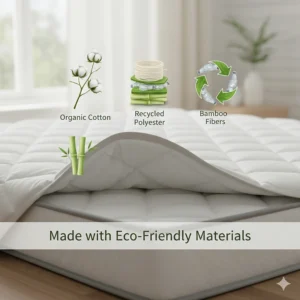 Icons representing sustainable materials like organic cotton and recycled fill used in an energy-efficient heated mattress pad.
