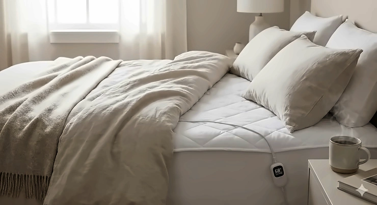 A cozy, modern bedroom featuring an energy-efficient heated mattress pad layered under soft linens for sustainable warmth. energy efficient heated mattress pad