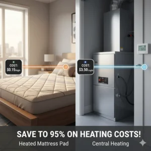 Infographic comparing the energy cost of a heated mattress pad versus running central heating overnight.