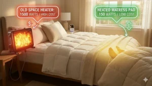 Comparison graphic showing the energy efficiency of a heated mattress pad versus a bedroom space heater.