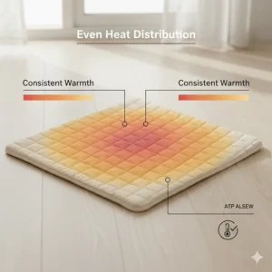 Infographic showing even heat distribution across the surface of a pet safe heated mattress pad without hot spots.