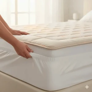 Illustration of a deep-pocket elastic skirt being fitted over the corner of a mattress for a secure, non-slip fit.