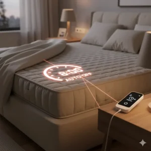 A digital timer icon overlaying a mattress pad to illustrate the automatic shut-off safety feature for overnight use.