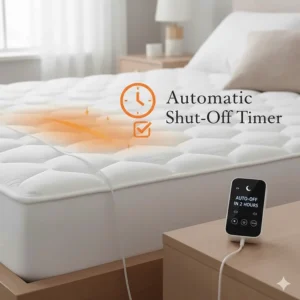 Graphic highlighting the automatic shutoff timer on an energy-efficient heated mattress pad for safety and electricity conservation.