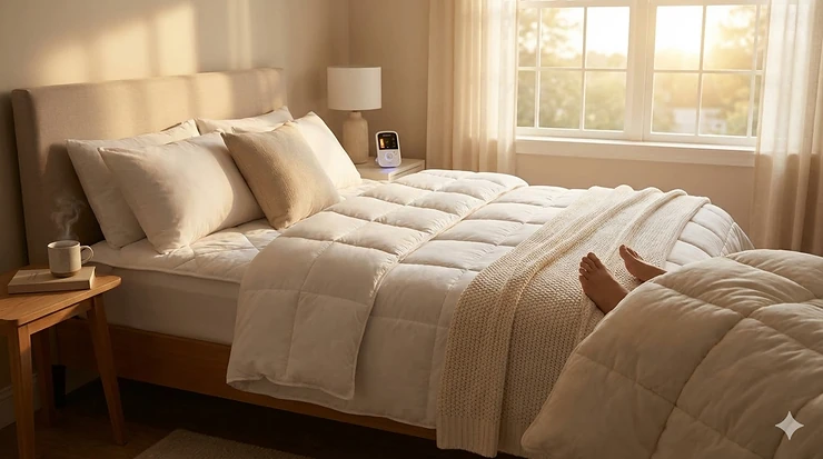 A cozy bedroom scene featuring a high-quality heated mattress pad for cold feet with plush white linens.
