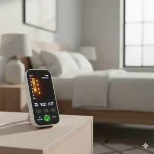 Illustration of a sleek handheld controller showing multiple heat levels for a washable heated mattress pad.