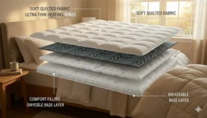 Cross-section illustration showing the soft quilted fabric and internal heating wires of a mattress pad.