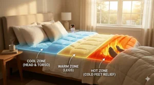 Diagram showing targeted heating zones in a mattress pad specifically for warming cold feet.