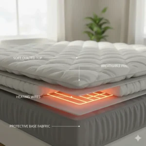 Cross-section illustration of the soft quilted layers and internal heating wires of a heated mattress pad.