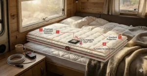 Diagram of the automatic shut-off and overheat protection safety features in a 12 volt mattress heater.