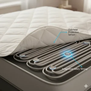 Close-up of internal wiring sensors that provide overheat protection in mattress pads for seniors.