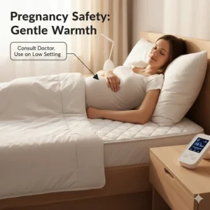 Illustration of a pregnant woman using a mattress pad on a low setting, highlighting safe temperature management.