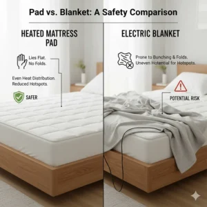 Comparison chart showing why flat-lying mattress pads are often safer than bunching electric blankets.