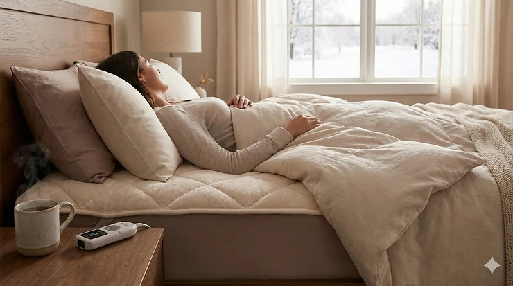 A person relaxing in a cozy bedroom setup, highlighting how to choose a heated mattress pad for winter warmth.