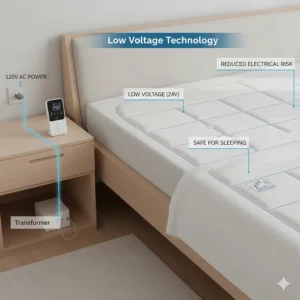 Illustration explaining how non-hazardous low-voltage technology reduces electrical risks while sleeping.