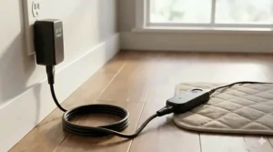 Illustration showing the 12V low-voltage power adapter for a pet safe heated mattress pad to prevent electrical shock.