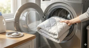 Illustration showing a heated mattress pad being placed into a washing machine after removing the power cords.