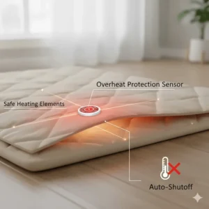 Graphic illustrating the automatic shutoff and overheat protection sensors in a pet safe heated mattress pad.