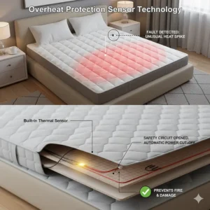 Infographic demonstrating how built-in sensors detect and cut power if a mattress pad reaches unsafe temperatures.