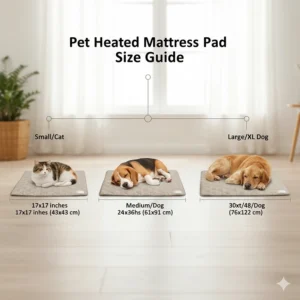 Size chart illustration showing various dimensions of a pet safe heated mattress pad for cats and large breed dogs.