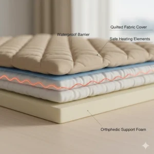 Cross-section illustration showing the waterproof membrane and heating elements inside a pet safe heated mattress pad.