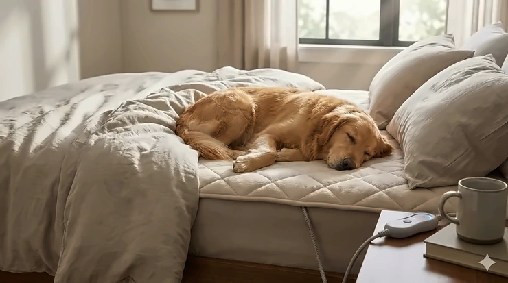 A cozy dog sleeping on a pet safe heated mattress pad with adjustable temperature controls on a domestic bed.