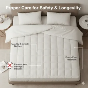 Instructional graphic showing a flat mattress pad without folds or creases to ensure wire integrity and safety.