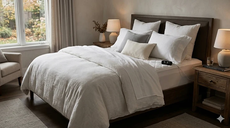 A photorealistic luxury bedroom featuring a quiet heated mattress pad on a high-end bed with natural morning light.