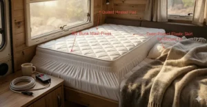 Illustration of the deep-pocket elastic skirt that secures a 12 volt heated mattress pad to an RV bunk.