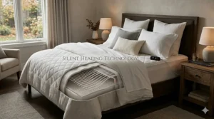 Detailed cross-section illustration showing the silent micro-wire technology inside a quiet heated mattress pad.