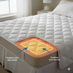 Infrared heat zones on a mattress pad targeting the lower back and feet for elderly joint relief.