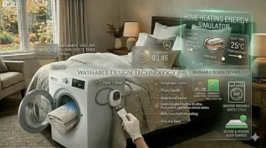Illustration showing a washable mattress pad being placed in a washing machine with a detachable power cord.