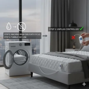Step-by-step illustration showing how to disconnect the timer controller before washing the mattress pad.
