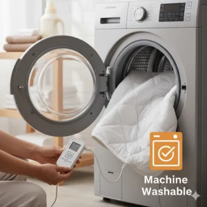 Illustration showing how to detach the power cord to machine wash a durable energy-efficient heated mattress pad.