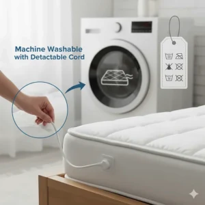 Icon showing a machine-washable heated mattress pad with a detachable power cord for easy cleaning.