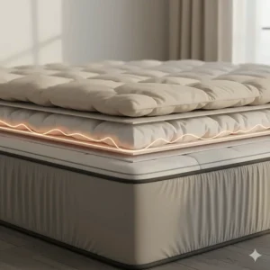 Cross-section illustration showing thin heating wires nested between layers of soft quilted fabric in a mattress pad.