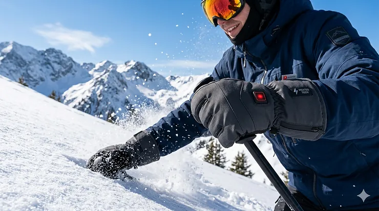 A person wearing black battery-heated gloves holding a pair of ski poles in a snowy mountain setting. battery heated gloves under $200