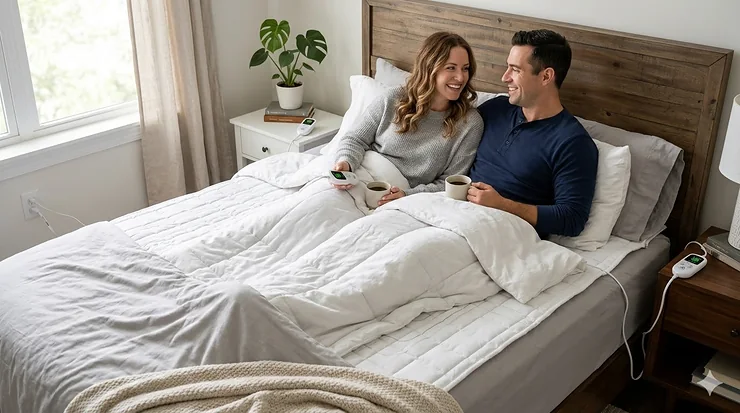 A happy couple relaxing on a bed equipped with a dual-zone heated mattress pad for personalized warmth.