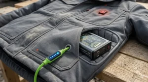 Close-up illustration of the discreet battery pocket and USB charging port on a heated work jacket.