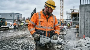 Photorealistic image showing a heavy duty heated vest layered comfortably under a high-visibility safety jacket on a job site.