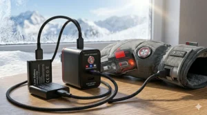A dual-port wall charger connected to two glove batteries for simultaneous charging.