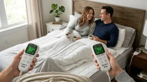 Illustration showing independent temperature controllers for a heated mattress pad for couples.