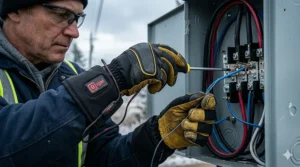 Close-up of heated work gloves for electricians providing the grip needed to handle small wires and tools.