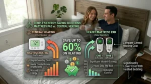 Infographic comparing energy savings of using a heated mattress pad for couples versus central heating.