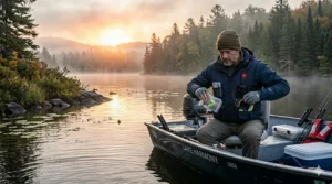 Detailed view of functional pockets on a heated fishing vest containing lures and small tackle boxes.
