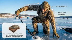 Illustration highlighting the flexible underarm gussets of a heated jacket for easy casting and movement.