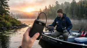 Close-up of a portable power bank connecting to a men's heated vest pocket for extended fishing trips.